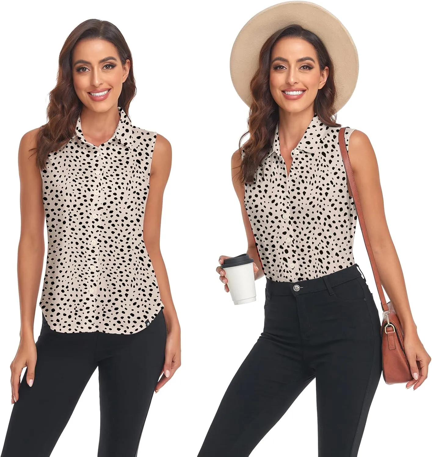 Soneven Womens Sleeveless Button Down Shirts Printed Golf Polo Shirts Business Casual Work Blouse Tops