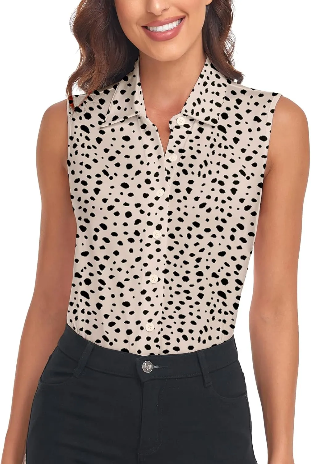 Soneven Womens Sleeveless Button Down Shirts Printed Golf Polo Shirts Business Casual Work Blouse Tops