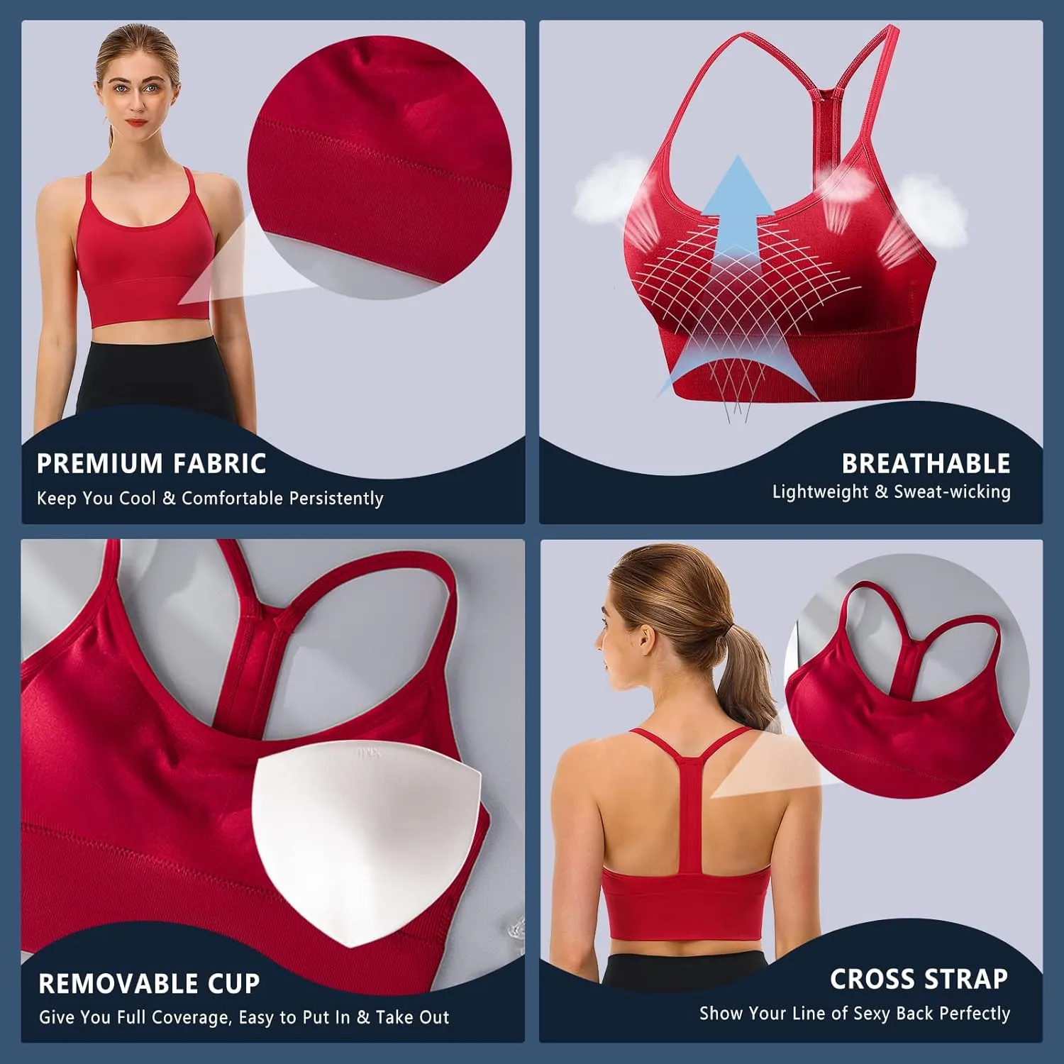 Sports Bra, Workout Tops for Women, Medium Impact Strappy Padded Sports Bras for Women High Support