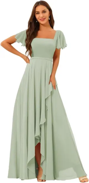 Square Neck Bridesmaid Dresses for Women Short Sleeves Pleated Chiffon Long Formal Evening Dress KY027