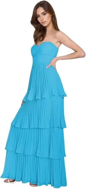 Strapless Tiered Prom Dress Chiffon Ruffle Bridesmaid Dresses for Wedding Long A-Line Formal Evening Gown