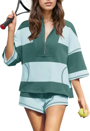 Striped 2 Piece Sweat Sets For Women Half Zip Short Sleeve T Shirts Shorts Sets Summer Lounge Sets Loose Workout Sets