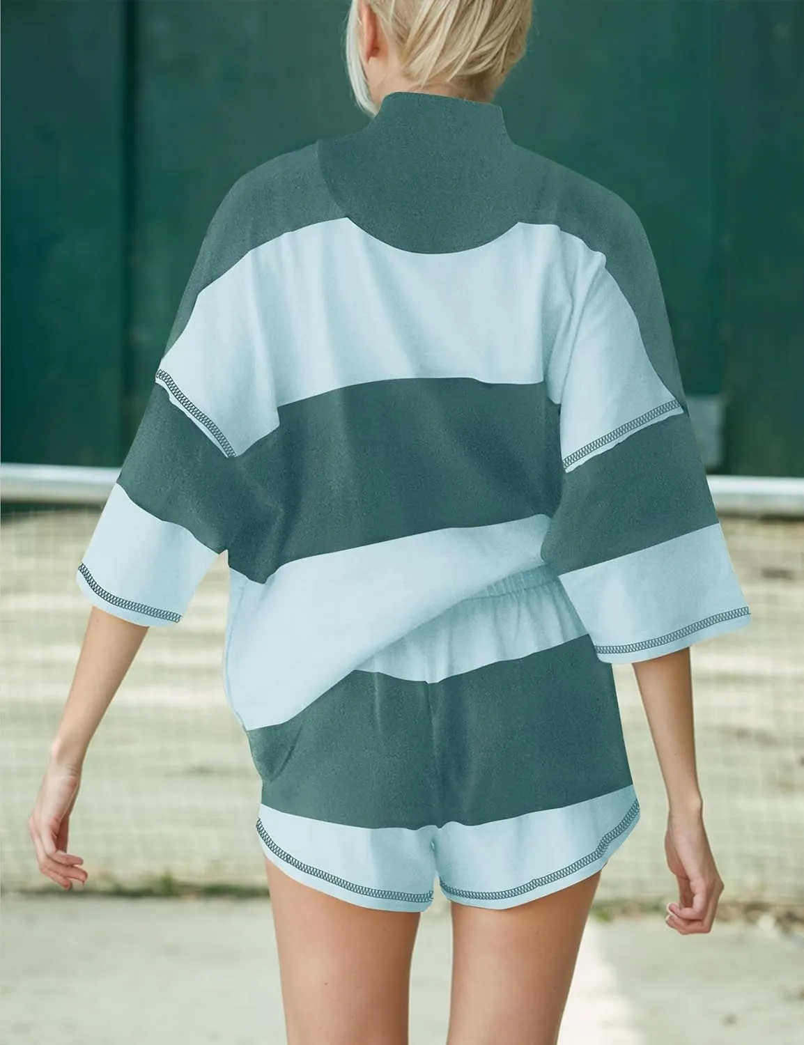 Striped 2 Piece Sweat Sets For Women Half Zip Short Sleeve T Shirts Shorts Sets Summer Lounge Sets Loose Workout Sets