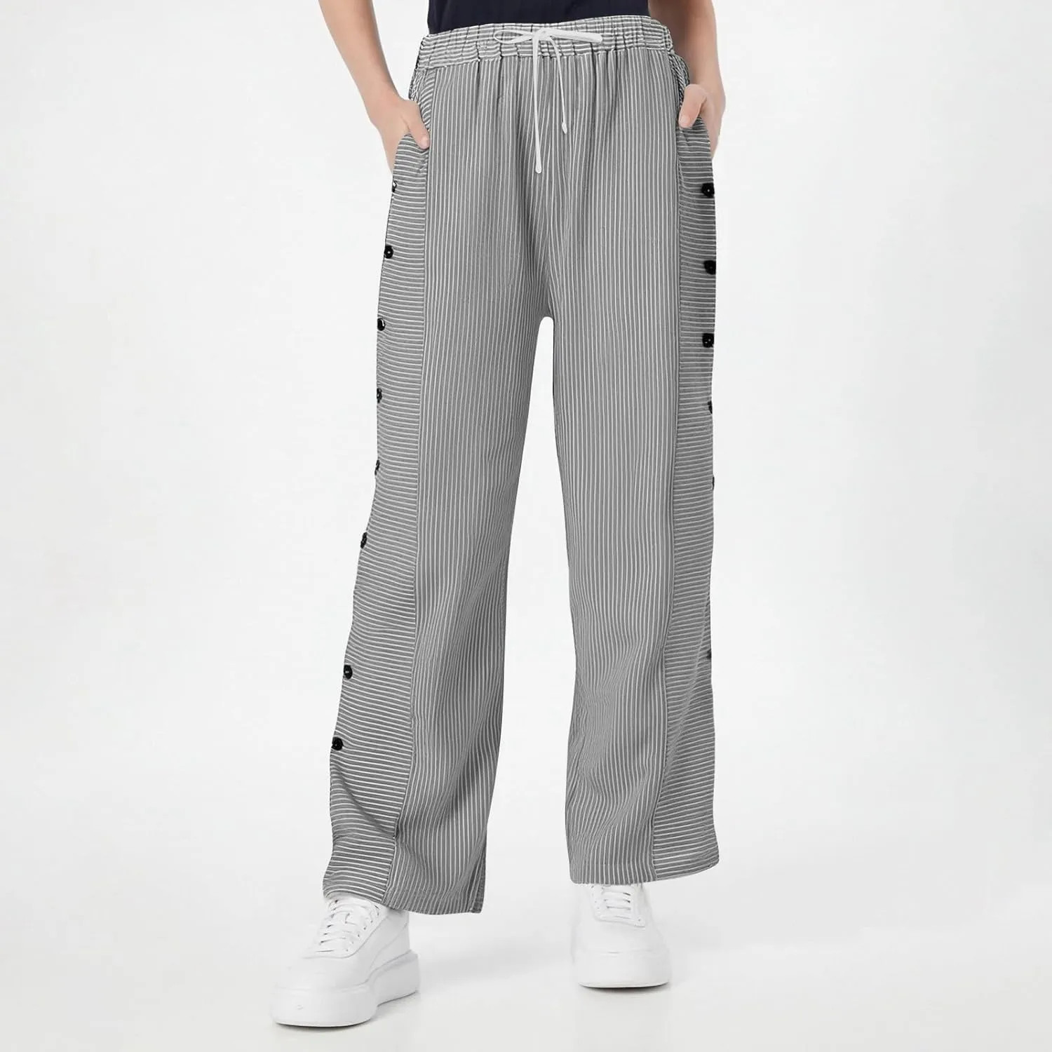Striped Pants Women Elastic High Waisted Baggy Wide Leg Pants Vintage Cropped Trouser Lounge Pants with Pockets