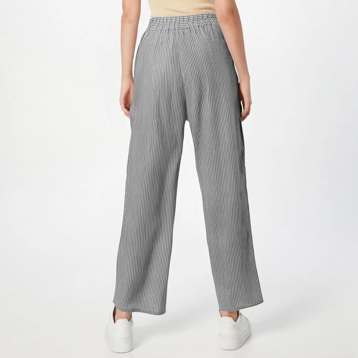 Striped Pants Women Elastic High Waisted Baggy Wide Leg Pants Vintage Cropped Trouser Lounge Pants with Pockets