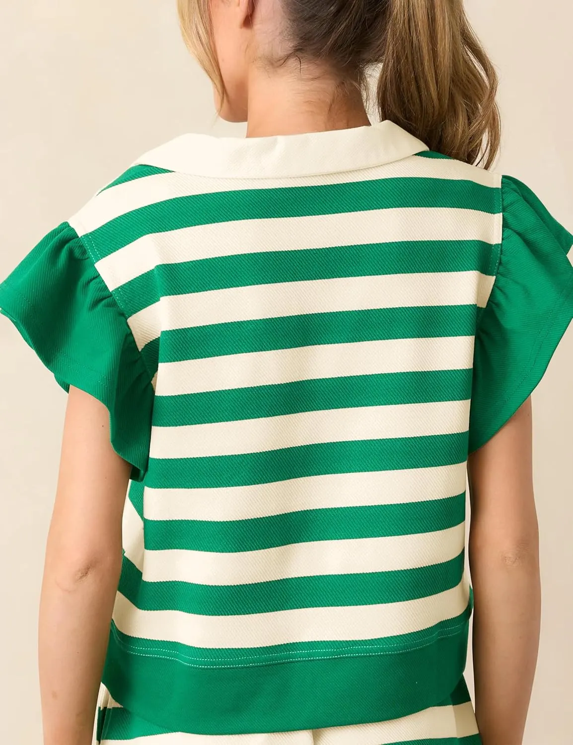 Striped Shorts Sets Women 2 Piece Outfits Ruffle Cap Sleeve Tops and High Waisted Drawstring Shorts with Pockets