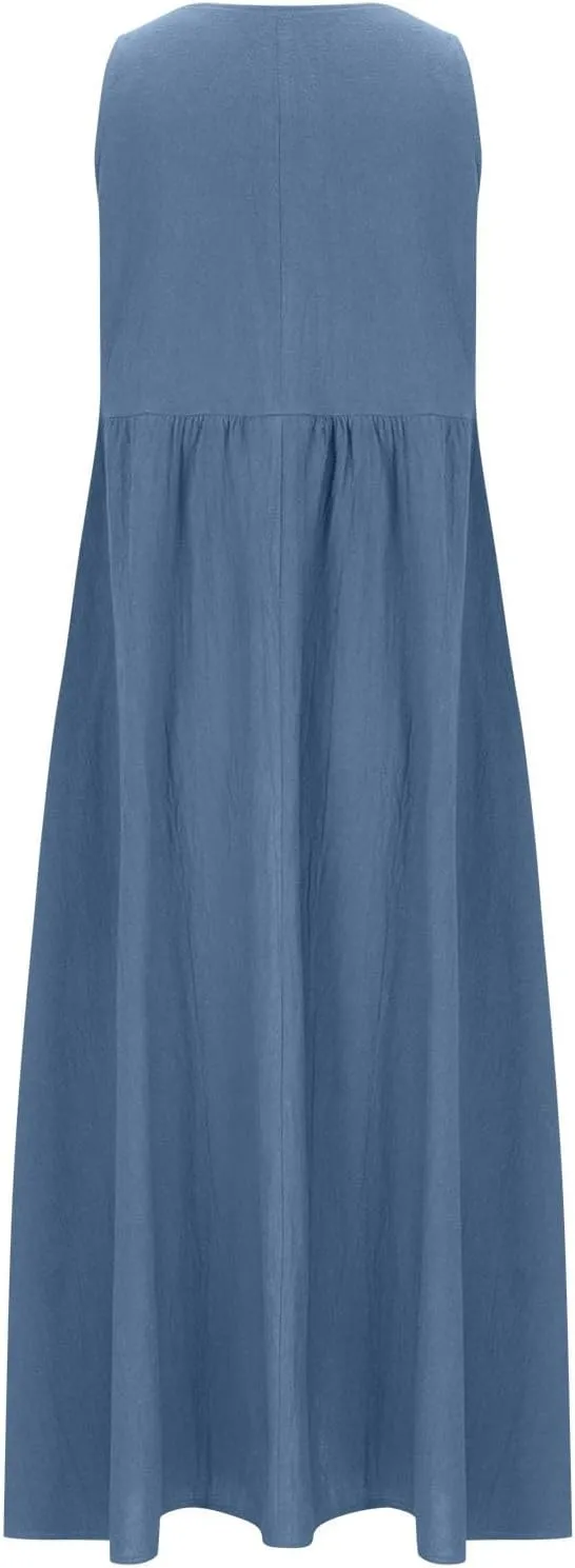 Summer Casual Linen Long Dresses Women Plus Size Loose Sleeveless Tank Dress Flowy Maxi Beach Sundress with Pockets
