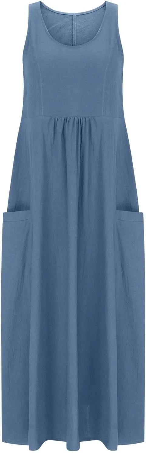 Summer Casual Linen Long Dresses Women Plus Size Loose Sleeveless Tank Dress Flowy Maxi Beach Sundress with Pockets