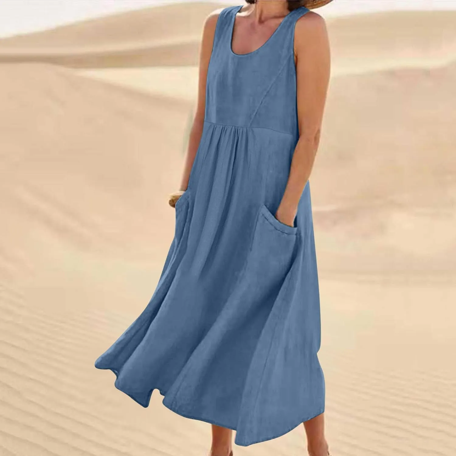 Summer Casual Linen Long Dresses Women Plus Size Loose Sleeveless Tank Dress Flowy Maxi Beach Sundress with Pockets