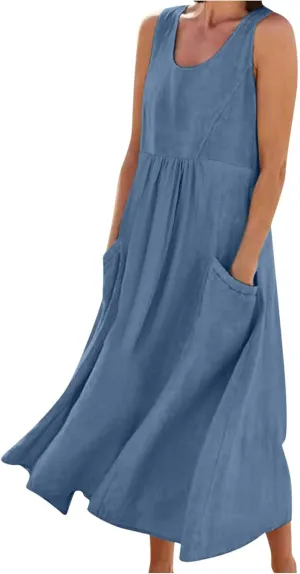 Summer Casual Linen Long Dresses Women Plus Size Loose Sleeveless Tank Dress Flowy Maxi Beach Sundress with Pockets