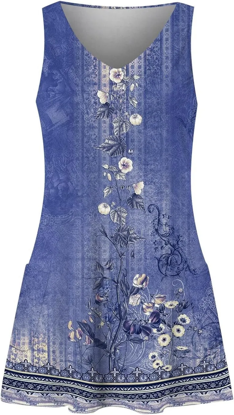 Summer Dresses for Women 2024 Women's Beach Casual Sleeveless Floral Print Boho Tank Dress Loose Sundress with Pocket
