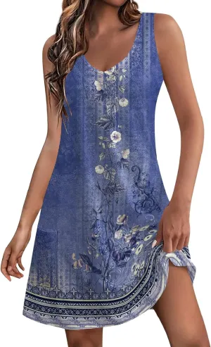 Summer Dresses for Women 2024 Women's Beach Casual Sleeveless Floral Print Boho Tank Dress Loose Sundress with Pocket