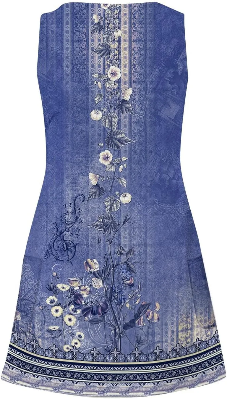 Summer Dresses for Women 2024 Women's Beach Casual Sleeveless Floral Print Boho Tank Dress Loose Sundress with Pocket