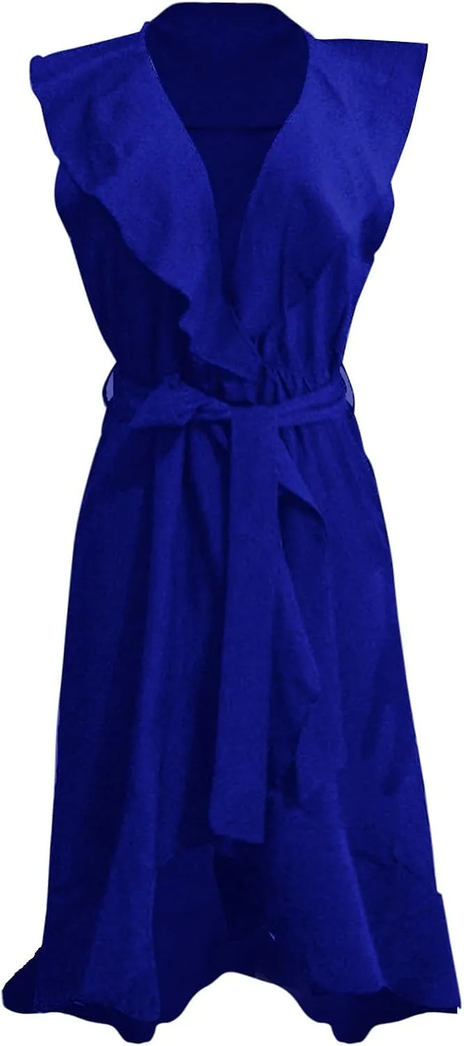 Summer Dresses for Women 2024 Wrap V Neck Short Sleeve Belted Ruffle Hem A-Line Flowy Maxi Dresses Vacation Outfits