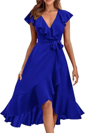 Summer Dresses for Women 2024 Wrap V Neck Short Sleeve Belted Ruffle Hem A-Line Flowy Maxi Dresses Vacation Outfits