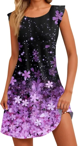 Summer Dresses for Women 2025 Boho Floral Print Solid Ruffle Sleeve Vacation Sundress Tshirt Dress Tank Dress