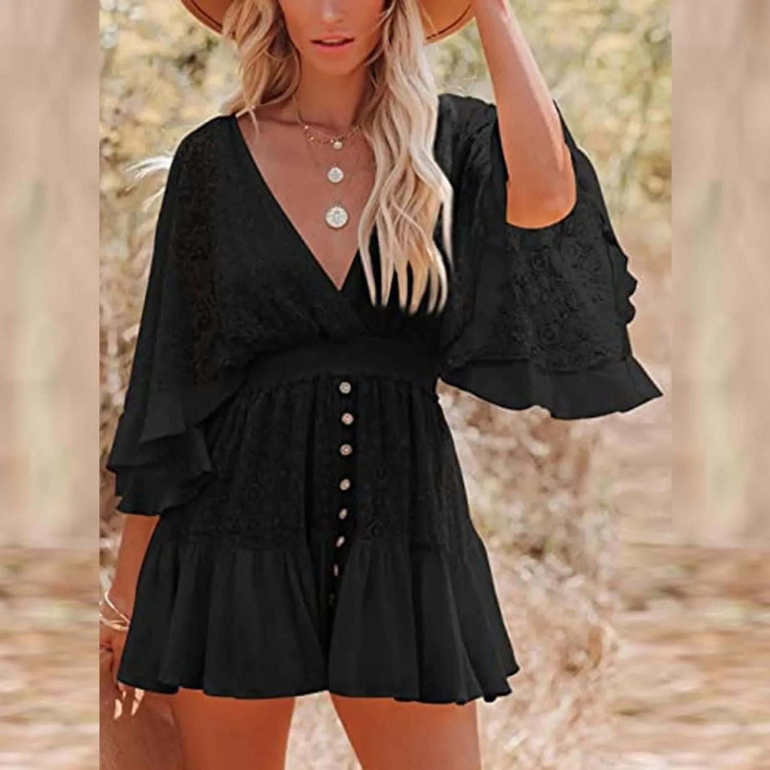 Summer Dresses for Women 2025 Elegant Deep V Neck Beach Vacation Sundresses Lace Ruffle Casual Flowy A Line Dress