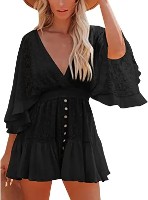 Summer Dresses for Women 2025 Elegant Deep V Neck Beach Vacation Sundresses Lace Ruffle Casual Flowy A Line Dress