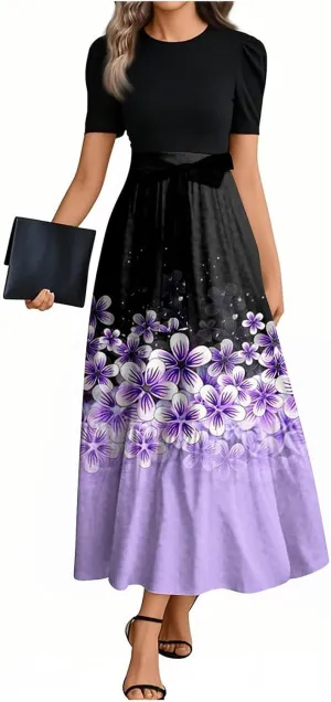Summer Dresses for Women 2025 Short Sleeve Flowy Maxi Dress Casual Patchwork A Line Elegant Sundresses