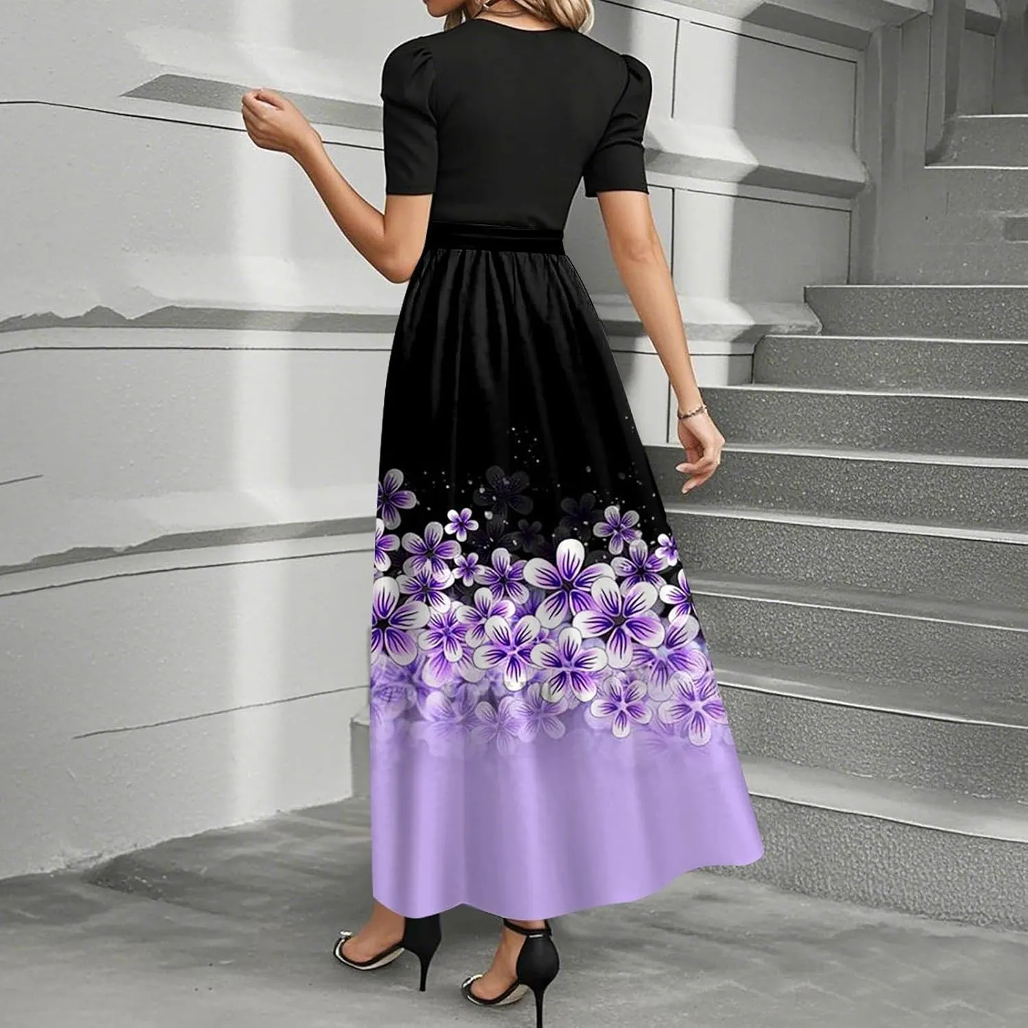 Summer Dresses for Women 2025 Short Sleeve Flowy Maxi Dress Casual Patchwork A Line Elegant Sundresses