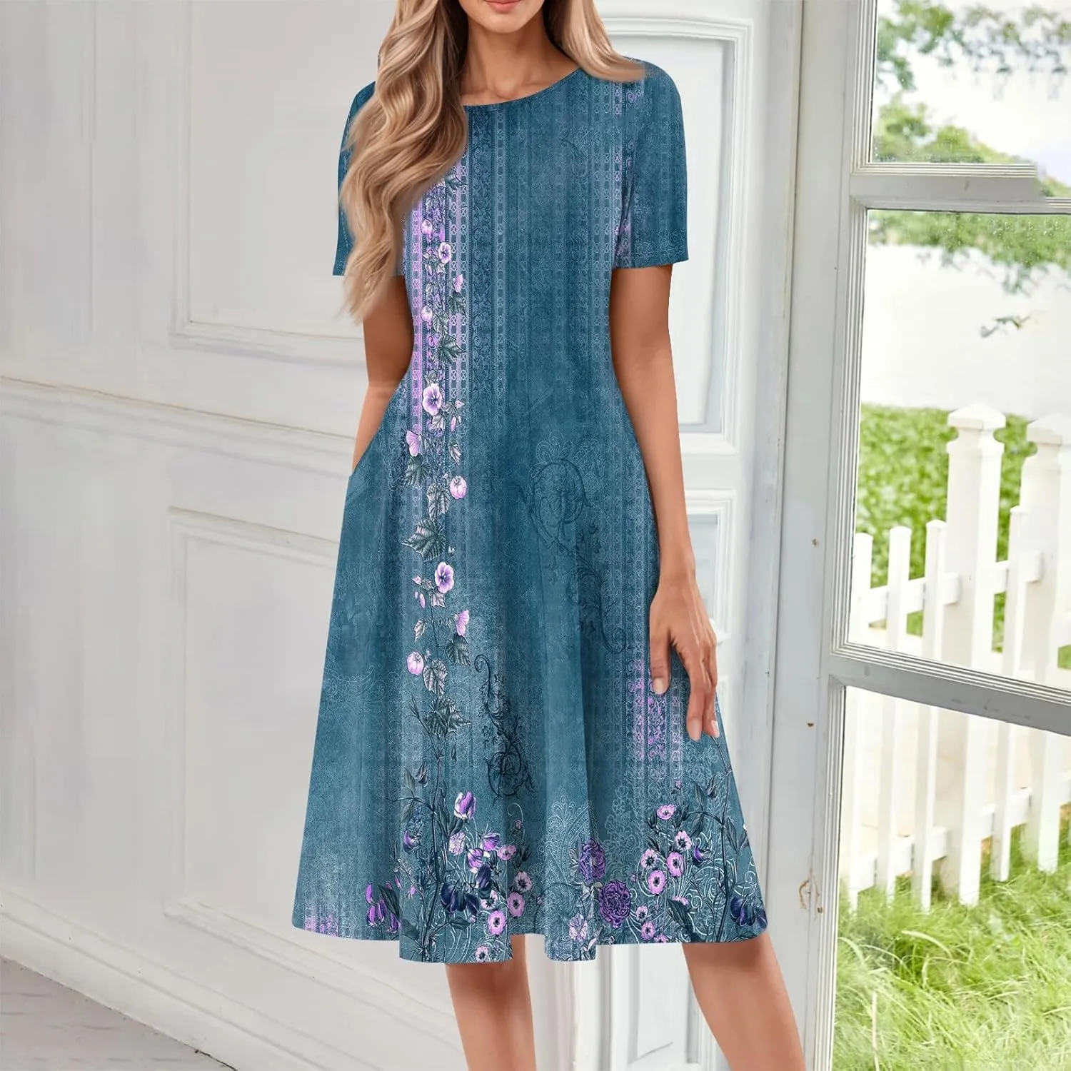 Summer Dresses for Women 2025 Smocked Summer Short Sleeve Midi Dresses for Women A Line