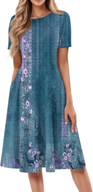 Summer Dresses for Women 2025 Smocked Summer Short Sleeve Midi Dresses for Women A Line