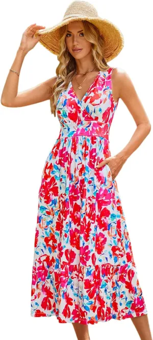 Summer Dresses for Women 2025 V Neck Sleeveless Empire Waist Maxi Dress Ruffle Hem A-Line Flowy Long Casual Dresses