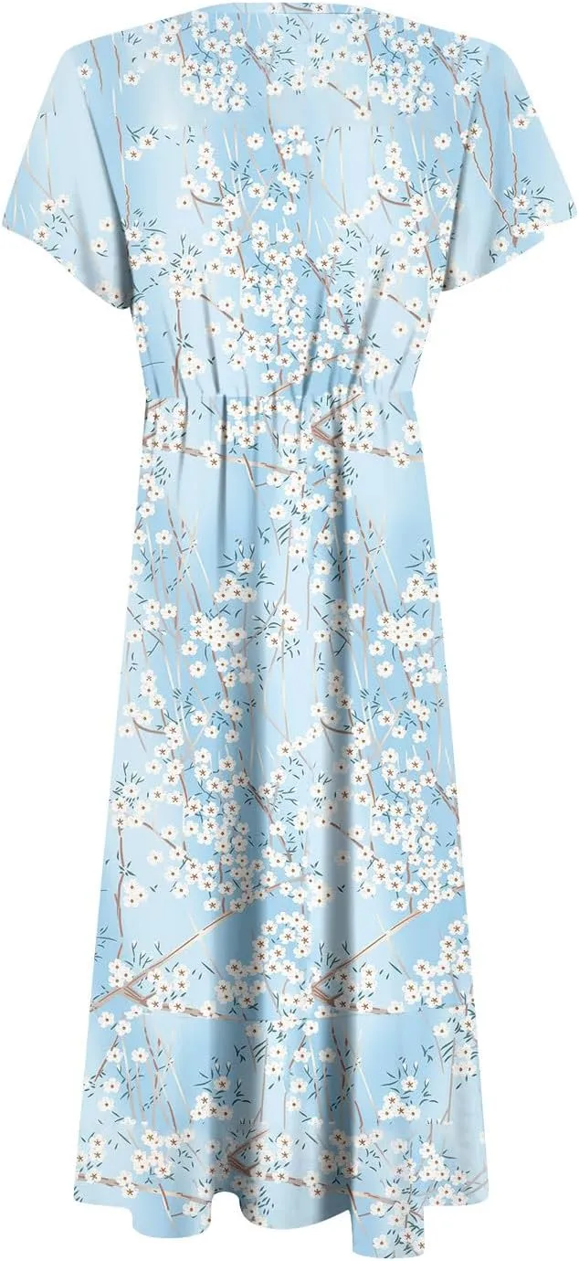 Summer Dresses for Women 2025,Womens Wrap V Neck Casual Dresses Floral Short Sleeve A-Line Ruffle Midi Sundress