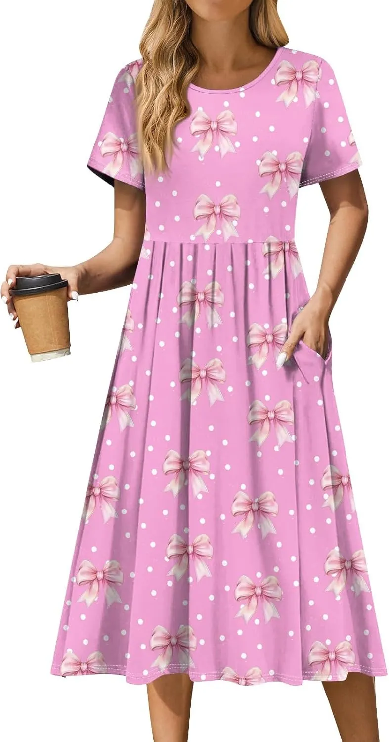 Summer Dresses for Women Casual Bodycon Dress Hawaiian Loose Short Sleeve Crewneck Beach Boho Vacation Midi Sundresse