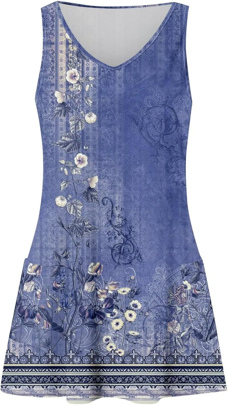 Summer Dresses for Women Casual Loose V Neck Sleeveless Sundresses Boho Beach Dress Swimsuit Coverup with Pockets