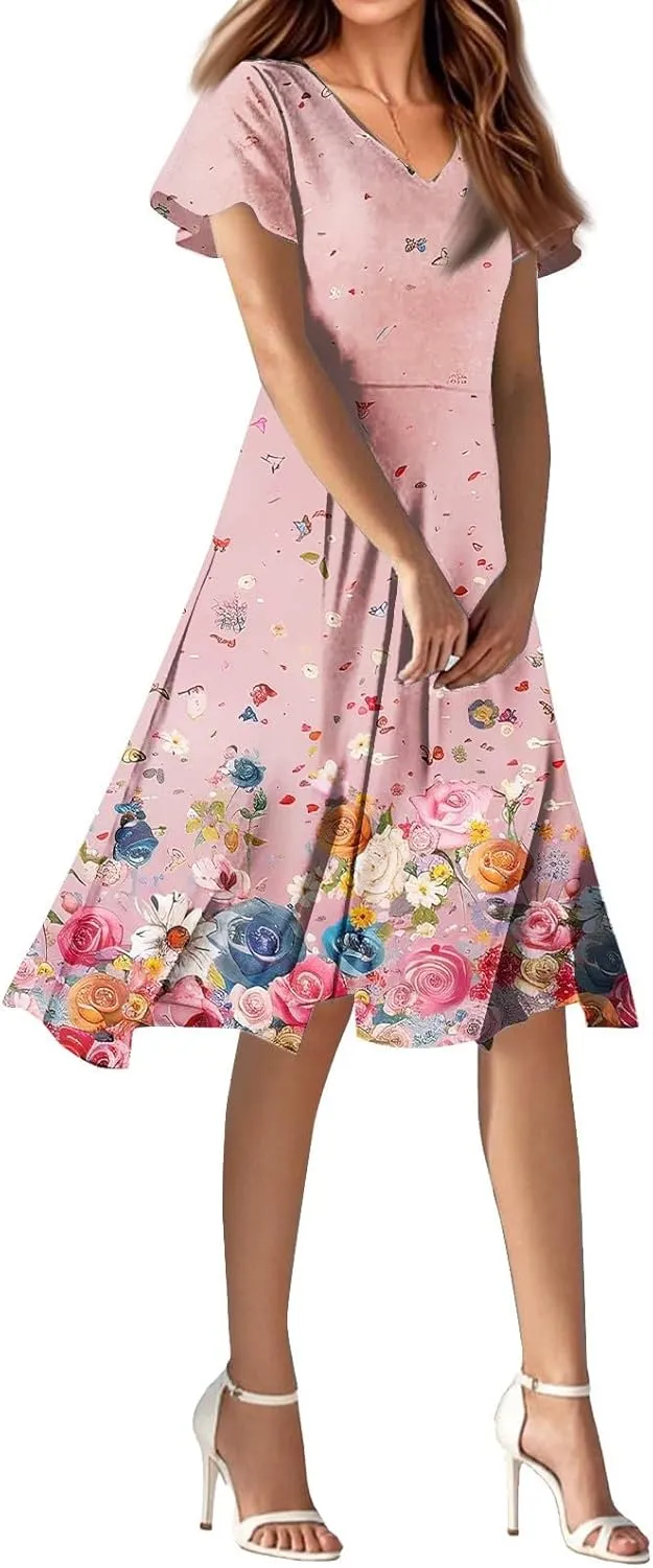 Summer Dresses for Women Casual Short Sleeve V-Neck Flowy Floral Dress Short Party Dress Vacation Travel Outfits