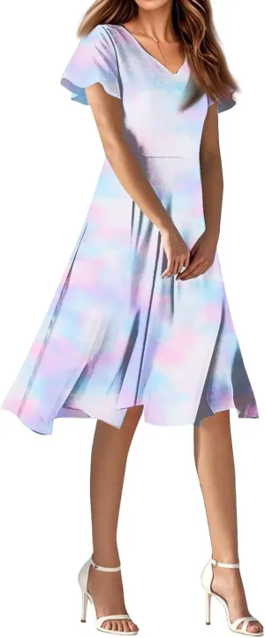 Summer Dresses for Women Casual Short Sleeve V-Neck Flowy Floral Dress Short Party Dress Vacation Travel Outfits