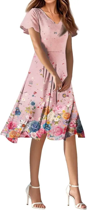 Summer Dresses for Women Casual Short Sleeve V-Neck Flowy Floral Dress Short Party Dress Vacation Travel Outfits