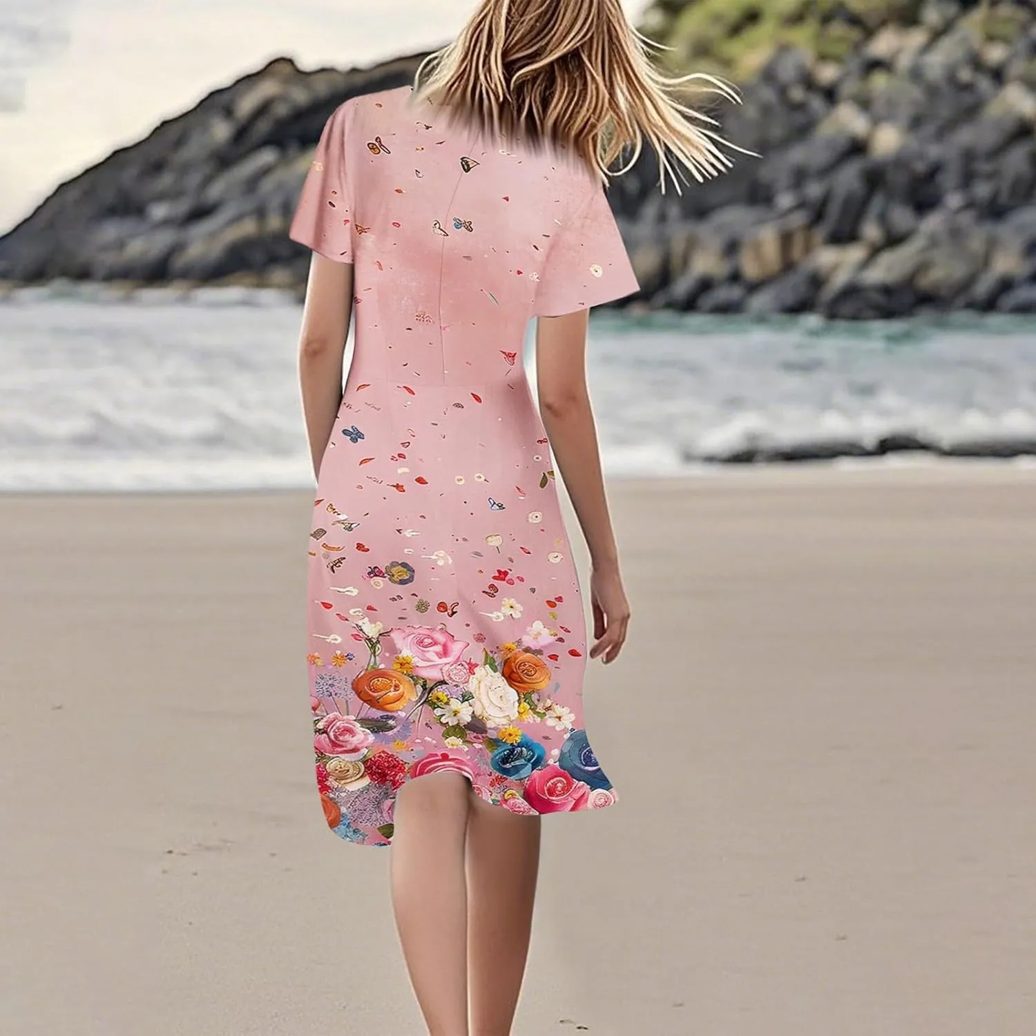 Summer Dresses for Women Casual Short Sleeve V-Neck Flowy Floral Dress Short Party Dress Vacation Travel Outfits