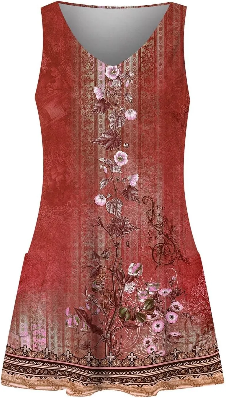 Summer Dresses for Women, V Neck Sleeveless Sundresses with Pockets Casual Boho Beach Dress Vacation Flowy Dresses
