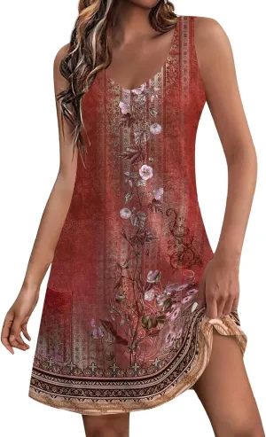 Summer Dresses for Women, V Neck Sleeveless Sundresses with Pockets Casual Boho Beach Dress Vacation Flowy Dresses