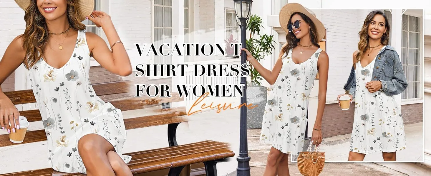 Summer Dresses for Women, V Neck Sleeveless Sundresses with Pockets Casual Boho Beach Dress Vacation Flowy Dresses
