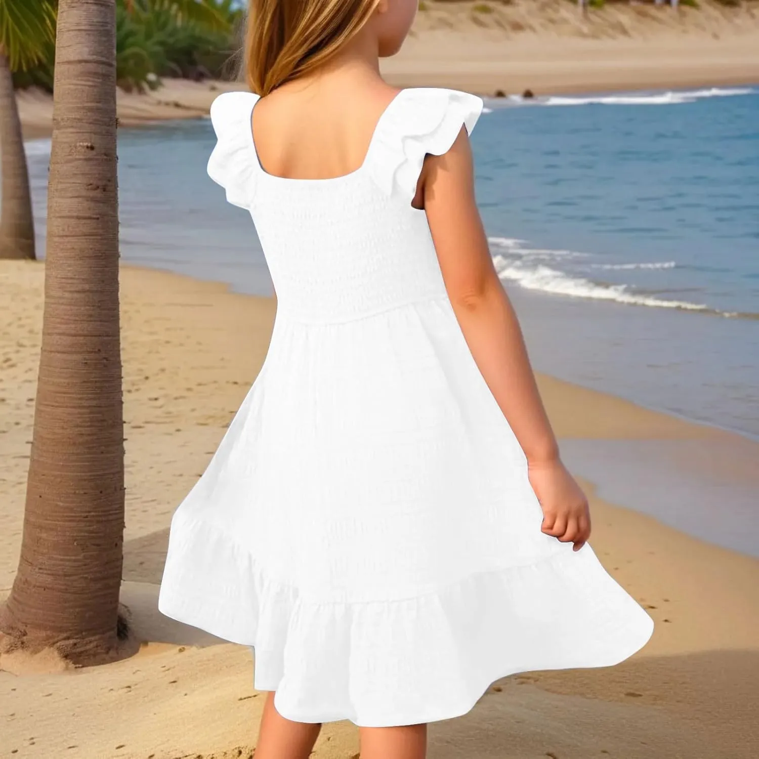Summer Girl's Dresses Solid Square Neck Sleeveless Mini Dress Ruffle Waisted Fashion Loose Dress for Kids 3-13 Years
