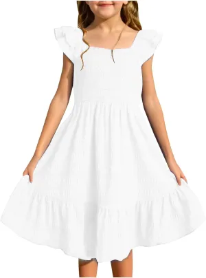 Summer Girl's Dresses Solid Square Neck Sleeveless Mini Dress Ruffle Waisted Fashion Loose Dress for Kids 3-13 Years