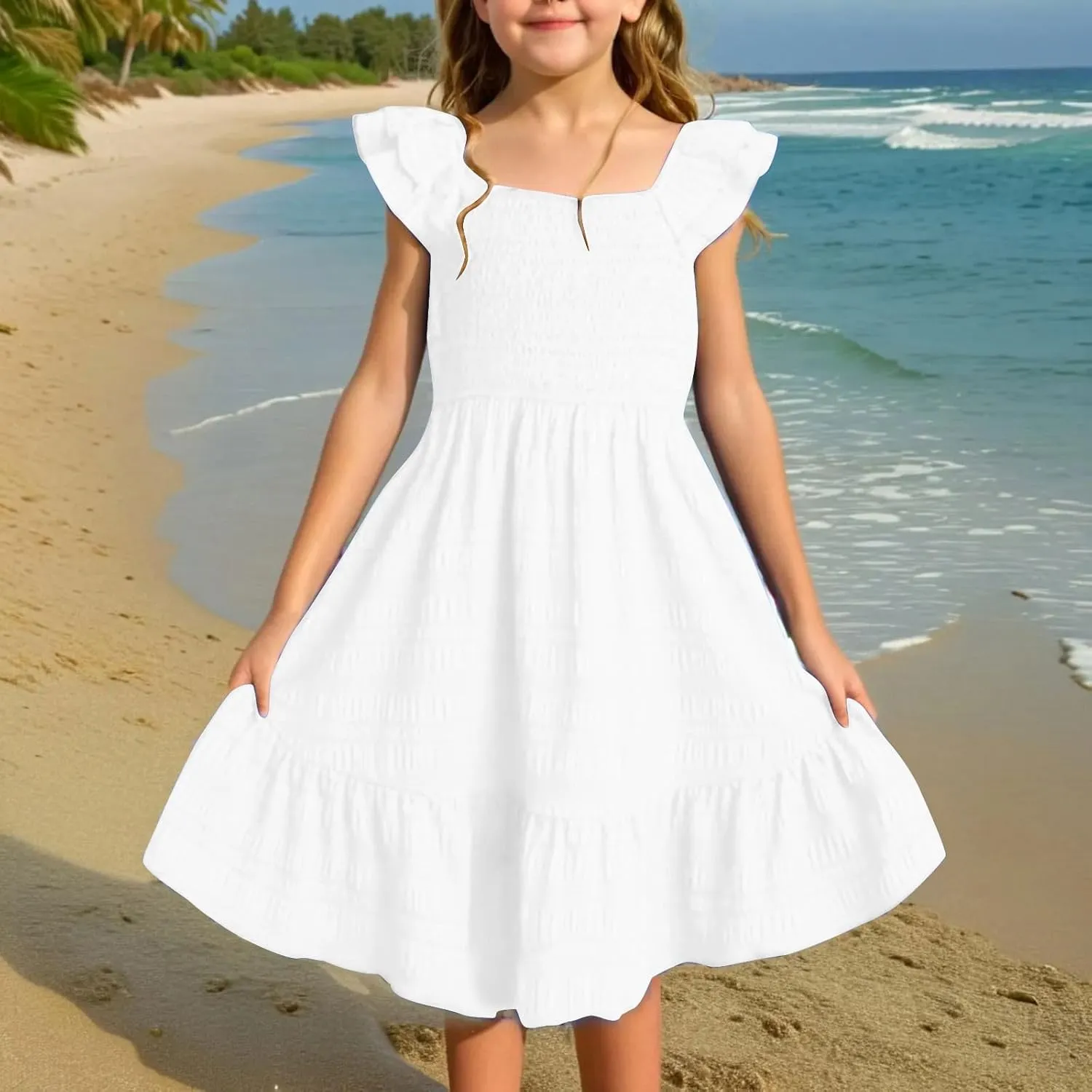 Summer Girl's Dresses Solid Square Neck Sleeveless Mini Dress Ruffle Waisted Fashion Loose Dress for Kids 3-13 Years