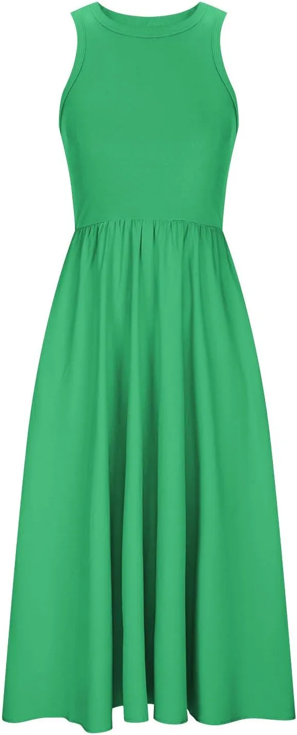 Summer Long Dresses for Women 2024 Crew Neck Solid Color Loose Flowy Dress Sleeveless Beach Sundress Vacation Clothes