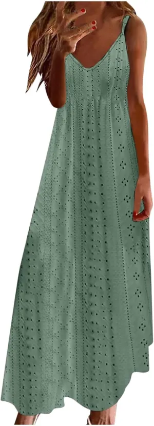Summer Maxi Dresses for Women 2025 Trendy Beach Vacation Sundress Sexy Spaghetti Strap v Neck Lace Eyelet Dress