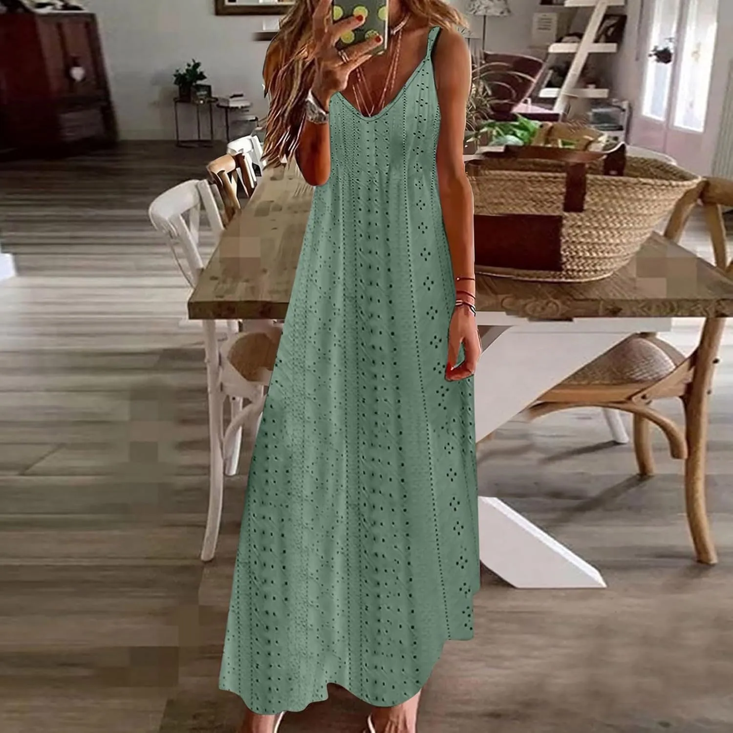 Summer Maxi Dresses for Women 2025 Trendy Beach Vacation Sundress Sexy Spaghetti Strap v Neck Lace Eyelet Dress