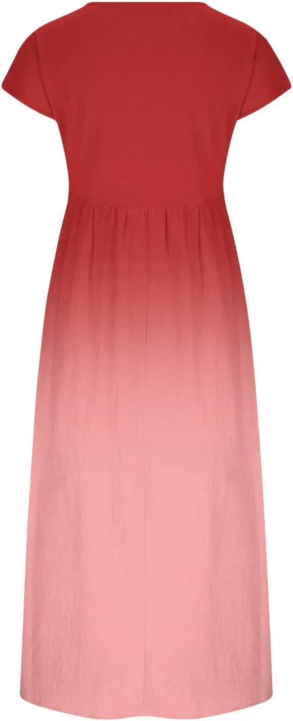 Summer Tank Dress for Women Cap Sleeve Loose Boho Midi Dress Casual Ombre Crew Neck Beach Dresses with Pockets