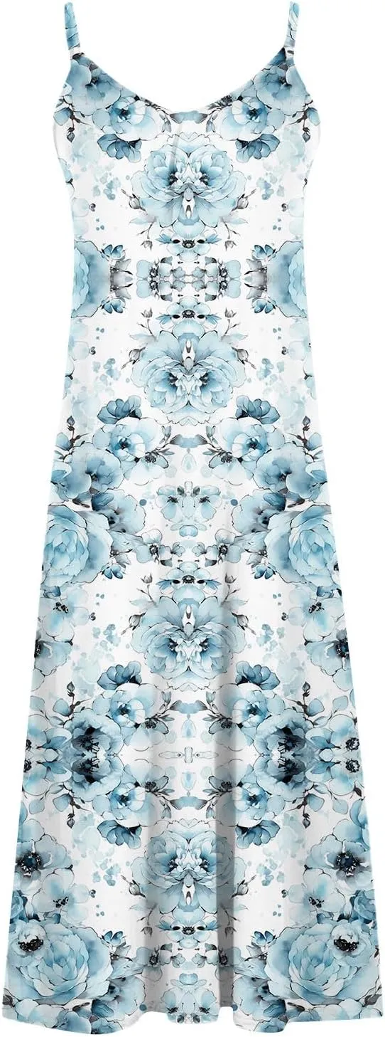 Sun Dresses for Women 2024 Summer Fashion Casual Sleeveless Boho Floral Maxi Sundress Spaghetti Strap Beach Dress