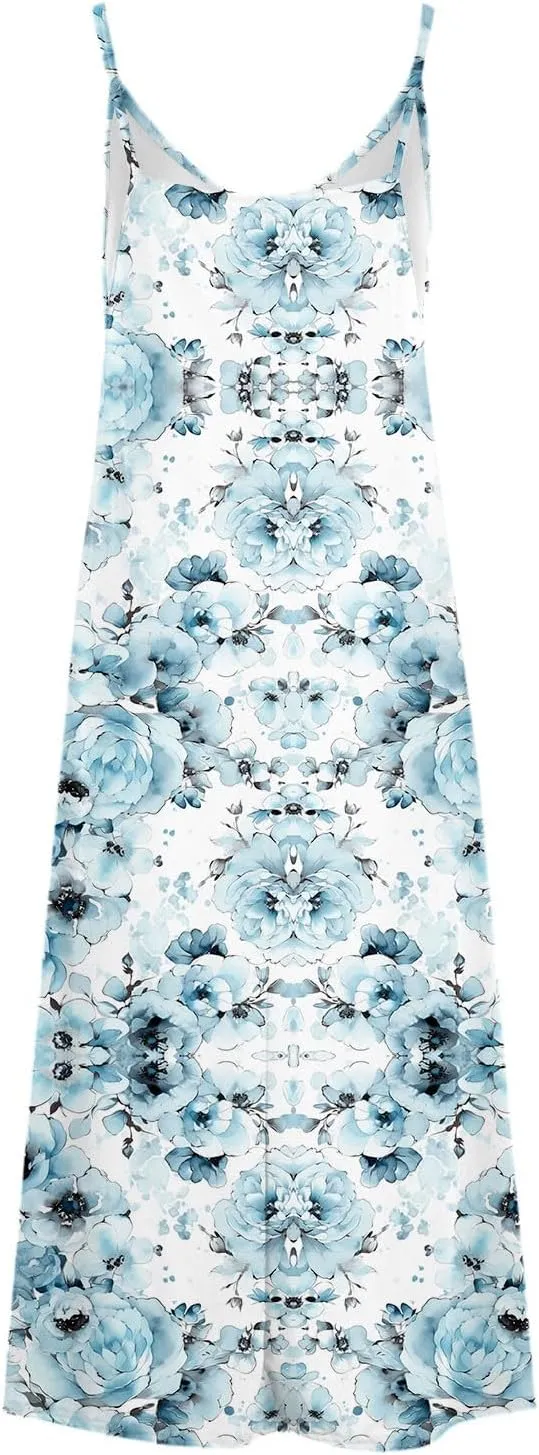 Sun Dresses for Women 2024 Summer Fashion Casual Sleeveless Boho Floral Maxi Sundress Spaghetti Strap Beach Dress