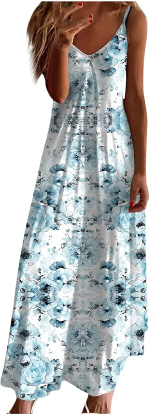 Sun Dresses for Women 2024 Summer Fashion Casual Sleeveless Boho Floral Maxi Sundress Spaghetti Strap Beach Dress