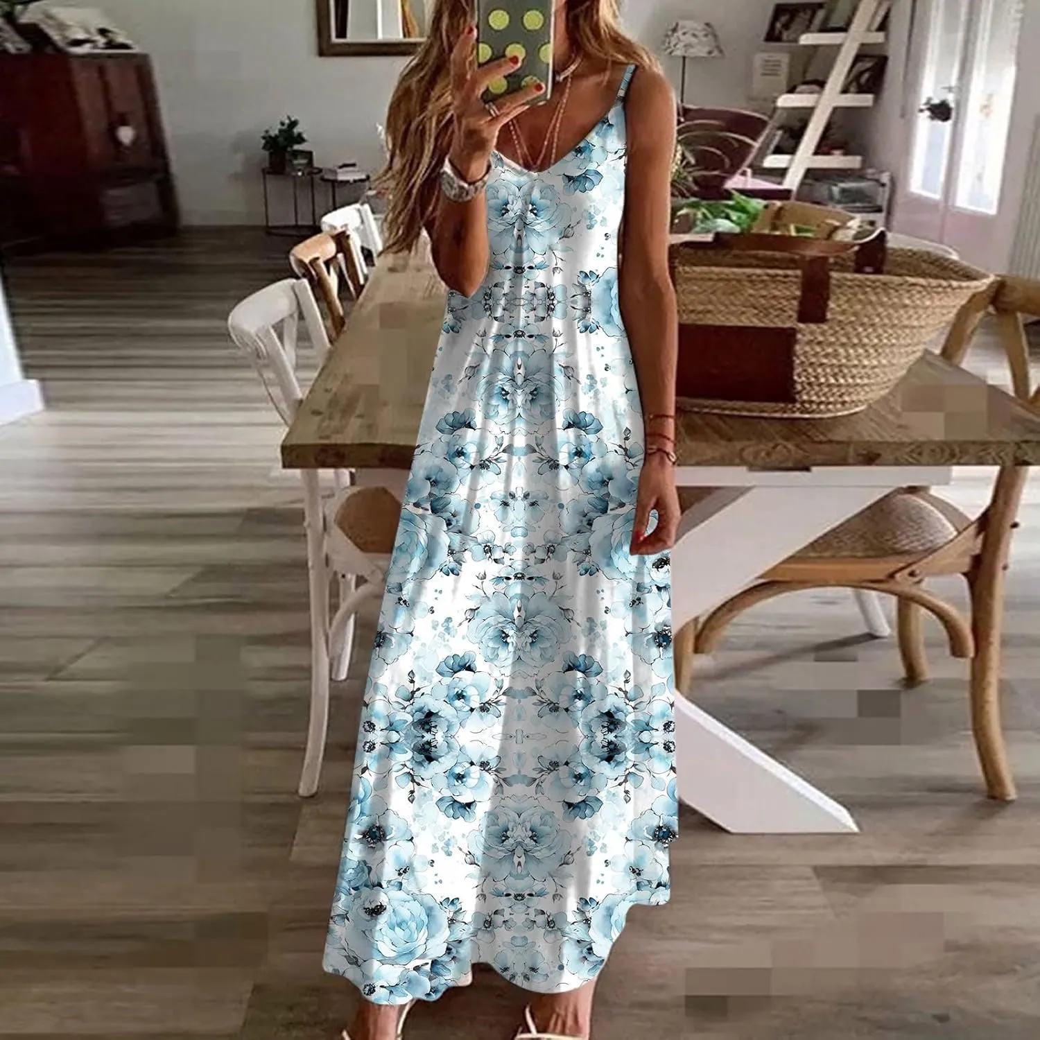 Sun Dresses for Women 2024 Summer Fashion Casual Sleeveless Boho Floral Maxi Sundress Spaghetti Strap Beach Dress