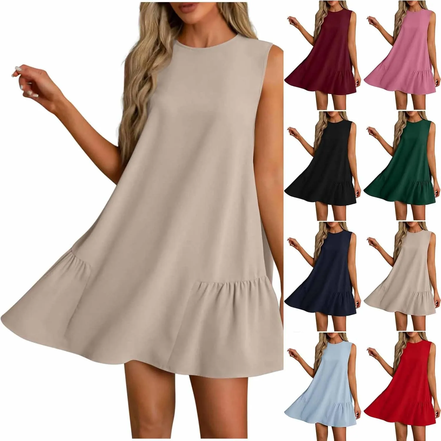 Sun Dresses for Women 2025 Vacation Summer Ruffle Crewneck Sleeveless Tank Mini Dress Shift Date Outfits