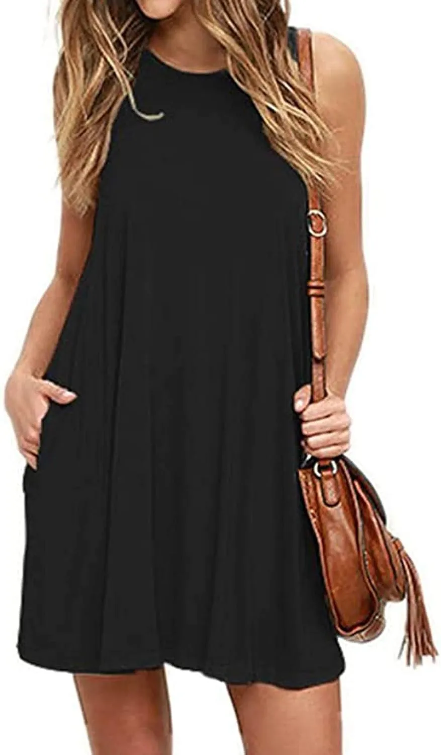 Sundresses for Women 2024 Solid Color Crewneck Sleeveless Summer Dress Loose Fit Tunic Midi Dress Flowy Swing Sundresses